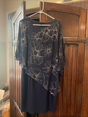 Women’s Navy/ Gold Floral Overlay Dress with open shoulders